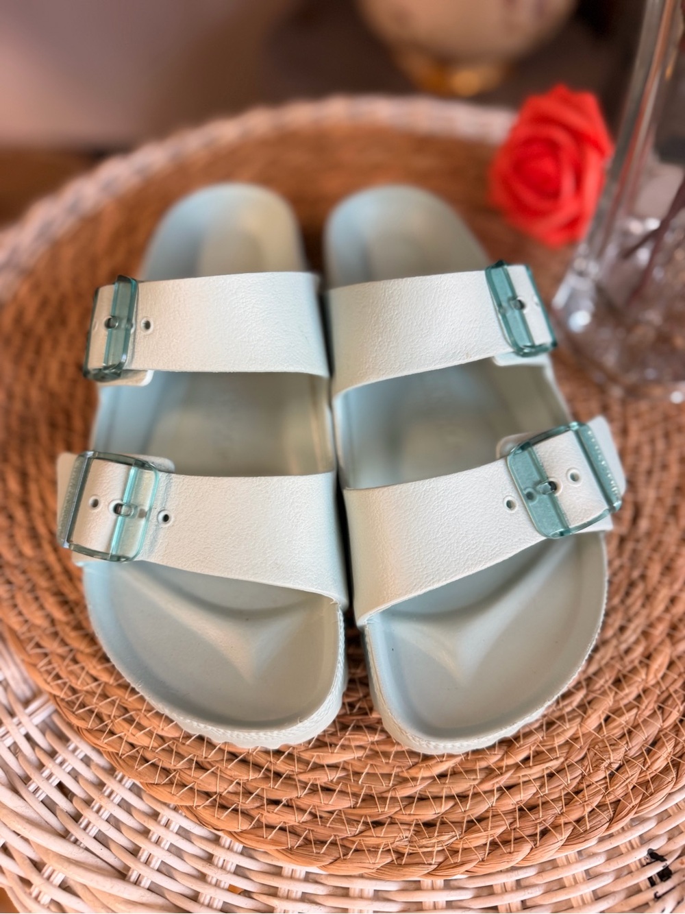 Birkenstock Pale Blue Two-Strap Sandals with Teal Buckles
